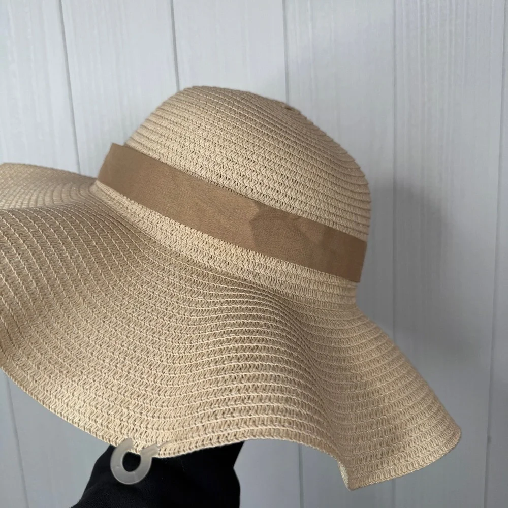 Beige Wide Brim Straw Hat with Bow